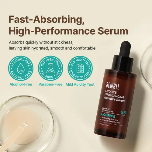 Vista 8 de ACWELL Licorice pH Balancing Advanced Facial Serum Ampolla – Cuidado de manchas oscuras y tonos desiguales con niacinamida, suero diario hidratante