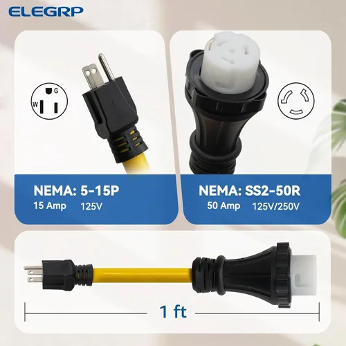 Vista 2 de ELEGRP Cable adaptador RV de 50 amperios a 15 amperios, NEMA 5-15P a SS2-50R, conector de bloqueo giratorio, convertidor eléctrico macho de 15 A a