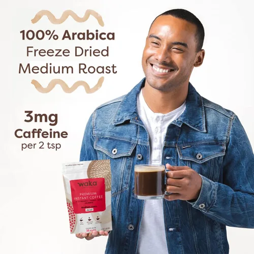 Vista 6 de Waka - Café instantáneo de calidad, tostado medio descafeinado, granos arábica y liofilizados. Bolsa de 35 porciones para café instantáneo caliente
