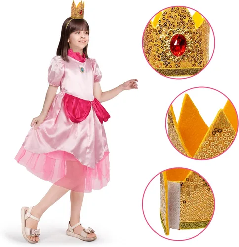 Vista 2 de Atchca Disfraz de princesa melocotón para niñas, vestido de princesa melocotón con accesorios