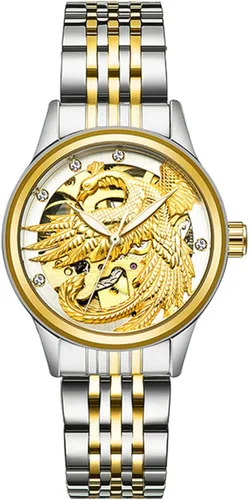 Vista 2 de carlien Reloj de vestir automático de acero inoxidable con cristal de dragón fénix para pareja