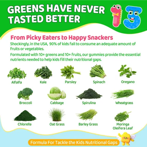 Vista 3 de Multivitaminas para niños + gomitas Super Greens para mayores de 4 años, con espirulina, clorella, espinacas, brócoli, calcio, omega-3 (DHA/EPA)