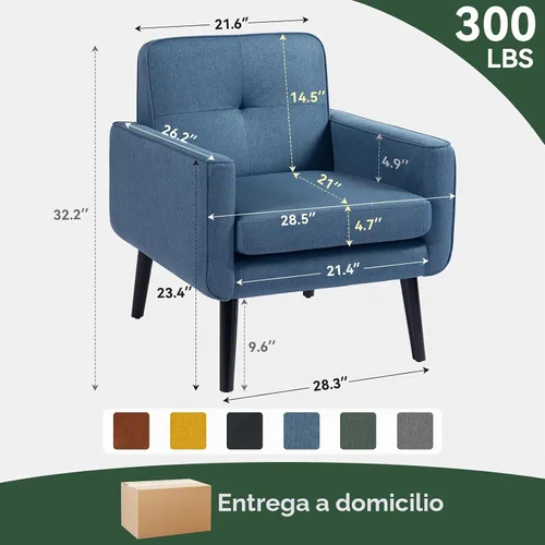 Vista 2 de Silla Accent de mediados de siglo, silla moderna de tela con estructura de madera, sillón acogedor para lectura con respaldo cómodo