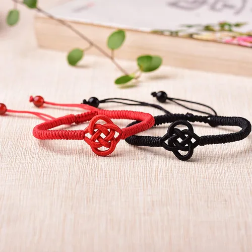 Vista 4 de Pulseras trenzadas de cuerda trenzada con nudo chino de flores de mandala para hombres y mujeres, pulseras de la suerte, Feng Shui, amistad a