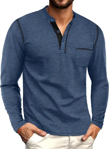 Vista 3 de Sailwind Camisetas Henley para hombre de manga larga con botones, estilo casual, elegante, de algodón, con bolsillo