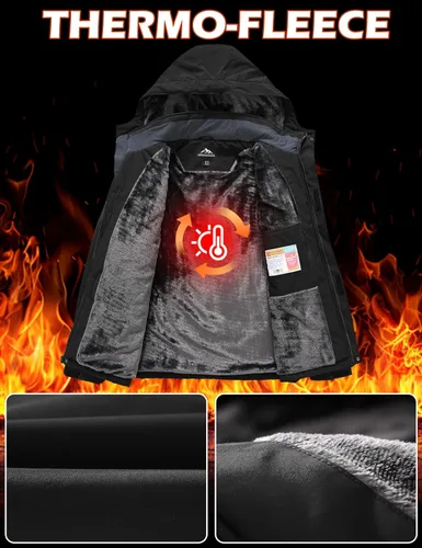 Vista 3 de Chaqueta de esquí para hombre, impermeable, con forro de vellón, abrigo de nieve cálido, cortavientos, con capucha, para el invierno