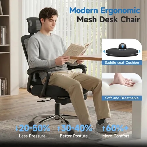 Vista 7 de Silla de oficina ergonómica con reposapiés, silla de oficina Negro