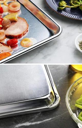 Vista 6 de New Star Foodservice Sartén de aluminio de grado comercial de calibre 12 para bollos, 18 pulgadas de largo x 26 pulgadas de ancho x 1 pulgada