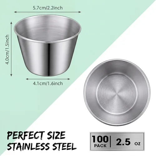 Vista 2 de Potchen 100 tazas de metal de 2.5 onzas para salsa, tazas de condimentos de acero inoxidable a granel, tazones de inmersión redondos, recipientes