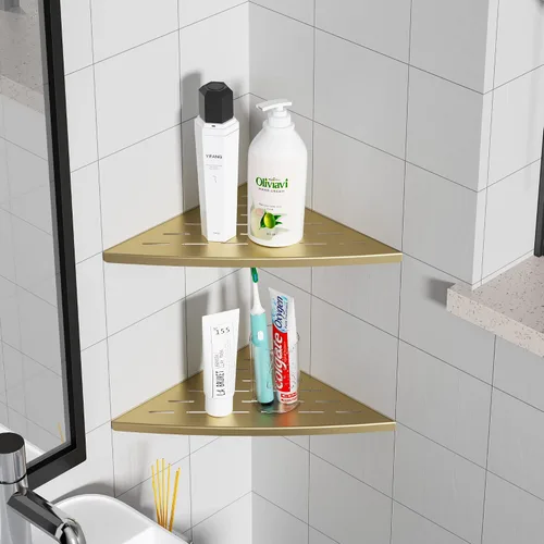 Vista 8 de Qeke Estante esquinero de ducha dorado cepillado, acero inoxidable 304 de 11.5 pulgadas, estante esquinero empotrado de baño para pared de azulejos