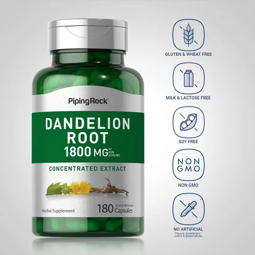 Vista 3 de Piping Rock Extracto de raíz de diente de león 180 cápsulas Suplemento herbario Taraxacum Officinale Sin OMG, sin gluten