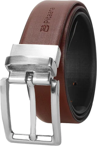 Vista 2 de Pitaara Cinturón reversible de piel auténtica para hombre, patrón cruzado (negromarrón)