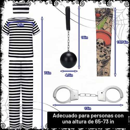 Vista 2 de Liitrsh 4 piezas de disfraz de prisionero de Halloween a rayas, mono de prisión con mangas de tatuaje, esposas y puño para el pie