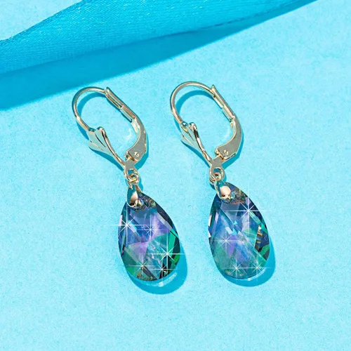 Vista 5 de Aretes con dijes con forma de lágrima de cristal austriaco, para mujer, cierre catalán, chapados en oro de 14 quilates joyas hipoalergénicas