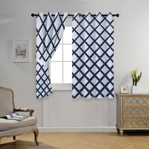 Vista 2 de Cortina para ventanas de sala de estar, con líneas geométricas azules, cortinas de pared modernas para Ventanas de Cuarto de 85 pulgadas de ancho