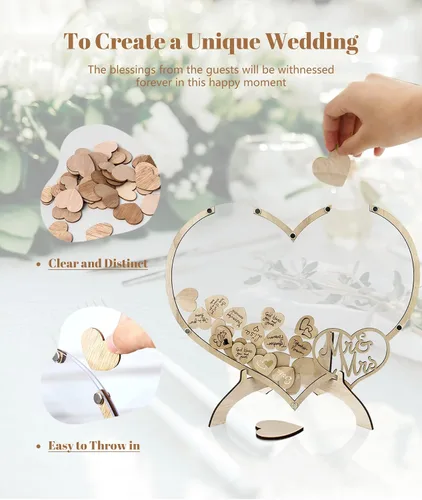 Vista 3 de Qivine Libro de visitas, libro de invitados de decoración de boda de corazón de madera, recuerdos de boda de acrílico para invitados con soporte