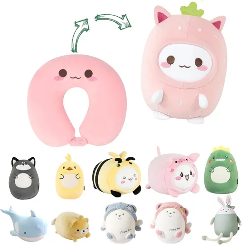 Vista 15 de Almohada de viaje para niños, almohada de cuello deformable 2 en 1 para niños, almohada suave en forma de U con adorable diseño de animales, cómodo