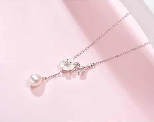 Vista 2 de Collar de plata S925 con colgante de perlas de agua dulce de 7 a 0.315in, forma de gota blanca, a la moda, todo a juego, joyería femenina, colgante