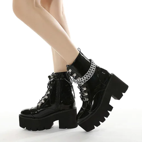 Vista 2 de rui yue Botas de plataforma para mujer, punta redonda, botas de tobillo gruesas, botas punk, con cordones y cremallera, botas de combate