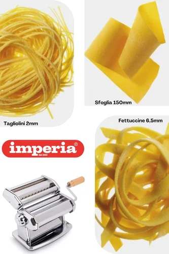 Vista 3 de Máquina para hacer pasta Imperia - 100% fabricada en Italia, construcción de acero resistente, dial de bloqueo fácil, mango de agarre de madera