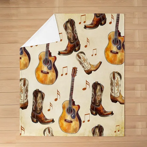 Vista 3 de Castle Fairy Manta de forro polar con botas de vaquero, manta de guitarra musical bohemia para niños y niños, manta de vaquera rústica occidental