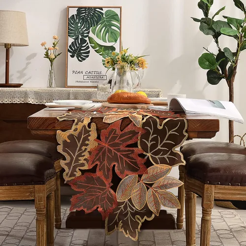 Vista 2 de Camino de mesa de otoño de 13.7 x 34 pulgadas con hojas de arce bordadas, decoración de mesa de café de comedor con temática de cosecha de Acción