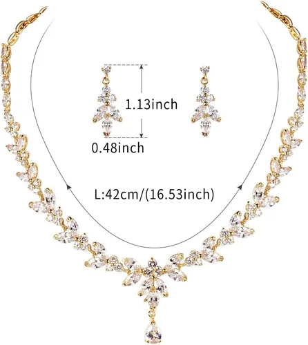 Vista 2 de WeimanJewelry Juego de collar y aretes de gota para mujer, chapado en plataorooro rosa, circonita cúbica redonda con circonita cúbica marquesa