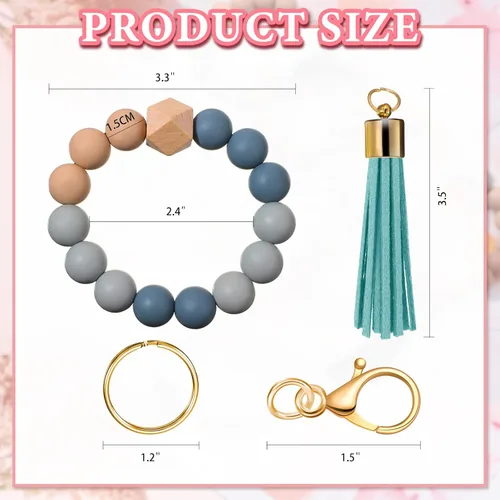 Vista 4 de 4 llaveros de silicona con cuentas y llavero circular para mujer, llavero redondo portátil, llavero elástico con borla de cuero para adultos unisex