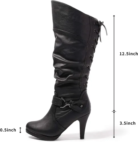 Vista 6 de katliu Botas altas hasta la rodilla para mujer, con cordones en la espalda, botas de tacón alto holgadas