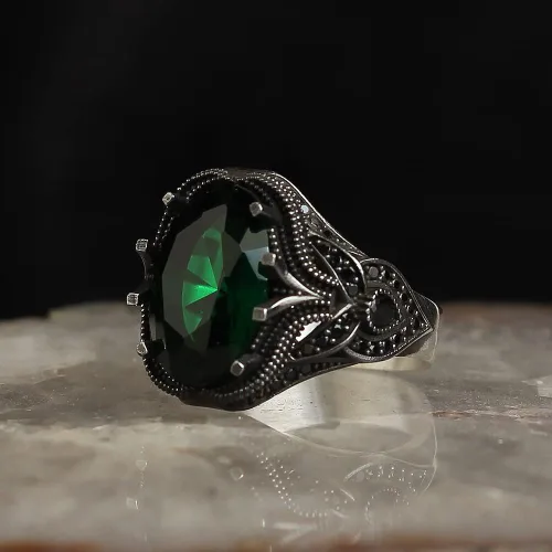 Vista 4 de Zircon Ring-925k Unisex Silver Jewelry-Vintage Gemstone Ring-Gift for Him and Her-925k Turkish Handmade Sterling Silver Green Ring