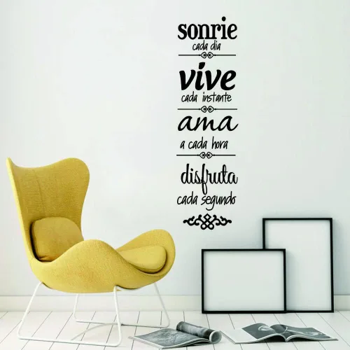 Vista 4 de Calcomanía de pared con reglas familiares inspiradoras españolas, Sonríe, Vive, cita AMA para comedor y sala de estar, arte de vinilo de PVC