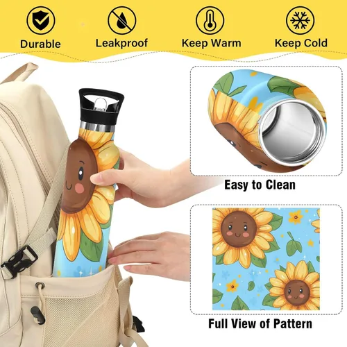 Vista 4 de Cartoon Fuuny Sunflower Lightweight Reusable Water Bottle Insulated with Straw Lid Double Wall Vacuum Insulated Bike Running Sports Travel Gym termo