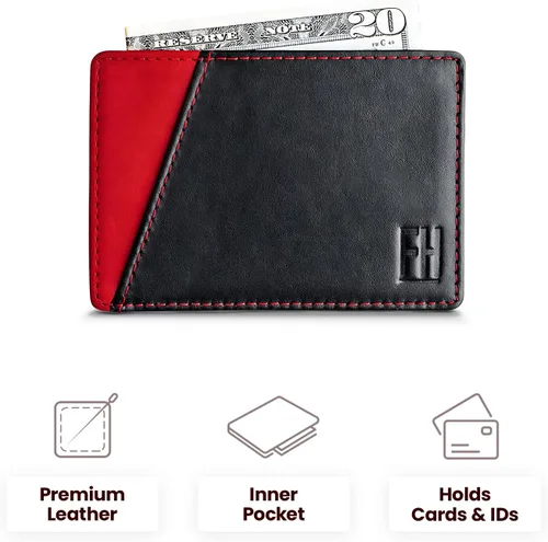 Vista 6 de F&H - Tarjetero minimalista para hombre en cuero genuino de grano superior, cartera delgada sin plegar, bolsillos delanterostraseros o camisas