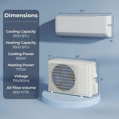 Vista 7 de SIMOE Mini bomba de calor de aire acondicionado dividido de 9000 BTU, 20.5 SEER2 115V Inversor sin conductos CA con condensador precargado