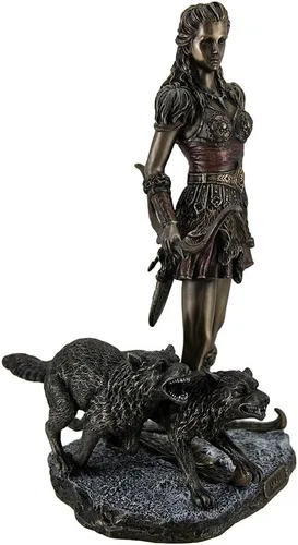 Vista 2 de Veronese Design Skadi - Escultura de esquí nórdico de 10 7/8 pulgadas, diosa del invierno y las montañas con lobos, resina fundida en frío, acabado