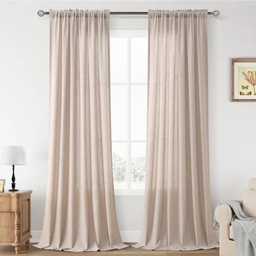 Vista 63 de Cortinas de lino verde aguamarina de 84 pulgadas de largo, juego de 2 paneles semitransparentes con bolsillo para barra para comedor, decoración