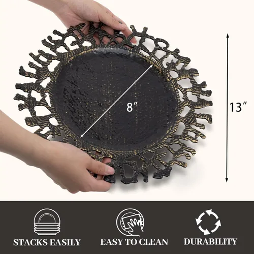 Vista 5 de MAONAME Juego de 6 platos base negros de 13", platos base redondos para platos de cena, platos base de plástico, platos base para mesa de boda