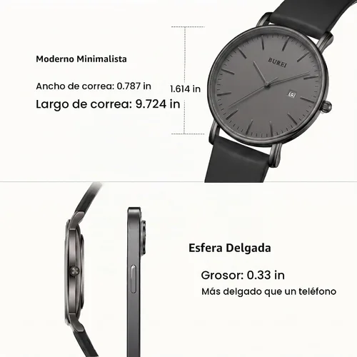 Vista 2 de BUREI Relojes de pulsera para hombre, relojes minimalistas de moda, analógicos de cuarzo, impermeables para hombres Banda negra negra