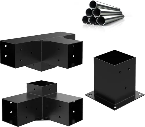 Vista 8 de JEXALINE Kit de pérgola de acero de aleación pesada con soportes en forma de T de 3 vías para madera de 4 x 4 pulgadas (real 3.6 x 3.6 pulgadas)