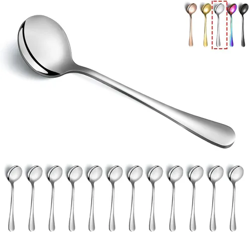 Vista 10 de Kyraton Cucharas redondas de acero inoxidable de 6 piezas, cucharas de cena y mesa, juego de cubiertos, aptas para lavavajillas