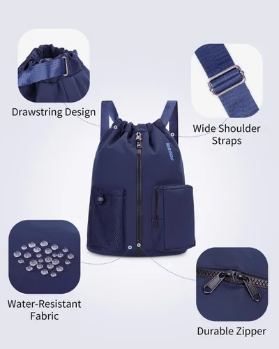 Vista 4 de WANDF Mochila deportiva con cordón y compartimento para zapatos, resistente al agua, bolsa de natación para mujeres y hombres, Azul marino, Mediana