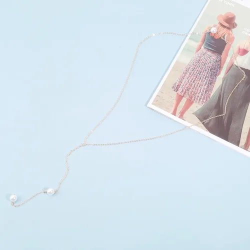 Vista 3 de Collar bohemio con caída en la espalda de perlas, cadena larga dorada, collar con telón de fondo de perlas, collar de boda, joyería para mujeres