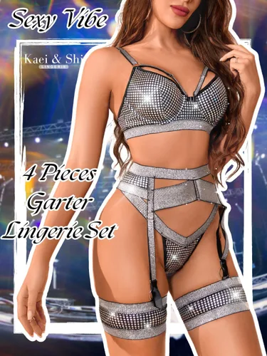 Vista 59 de Kaei&Shi - Lencería con liguero para mujer, conjunto de encaje traslúcido y sexy de 4 piezas combinadas
