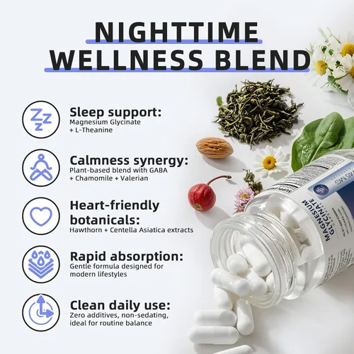 Vista 5 de iMATCHME Cápsulas de glicinato de magnesio 850 mg con L-Teanina, manzanilla y GABA para el sueño, la calma, los músculos, la salud ósea y el apoyo