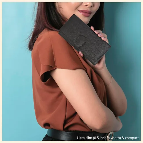 Vista 6 de Cartera de piel auténtica para mujer con bloqueo RFID, tarjetero triple para mujer, con ventana de identificación