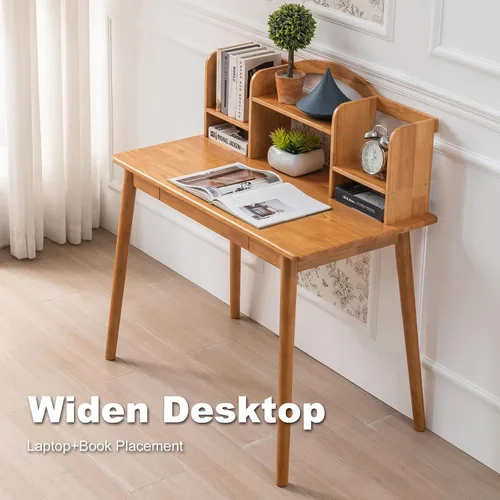 Vista 8 de Escritorio de madera maciza con cajones, escritorio de computadora de madera para oficina en casa, escritorio de estudio de juegos para espacios