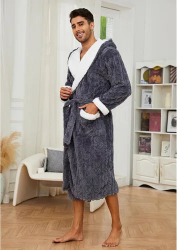 Vista 4 de Vulcanodon Bata para hombre con capucha, bata de felpa de longitud completa para hombre, bata de baño de forro polar grueso