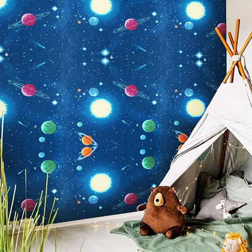 Vista 2 de MyFun Papel tapiz de planetas solares de 11 yardas, diseño espacial del universo de fantasía, calcomanías extraíbles para habitación de niños, 48.4