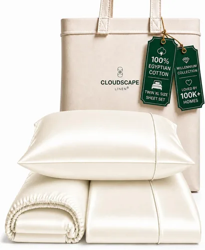 Vista 48 de Cloud Scape Linen - Juego de sábanas de algodón egipcio de doble capa, tamaño individual, tejido de satén de fibra larga, juego de 3 piezas, ropa