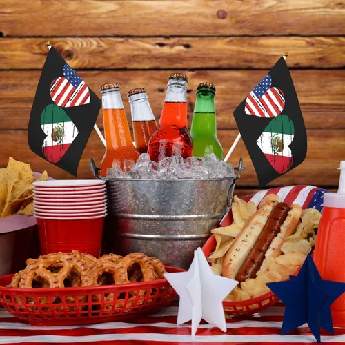 Vista 6 de Bandera de México de Estados Unidos, bandera de mano con corazón, tamaño único, tamaño pequeño, mini banderas en palo, decoraciones de fiesta